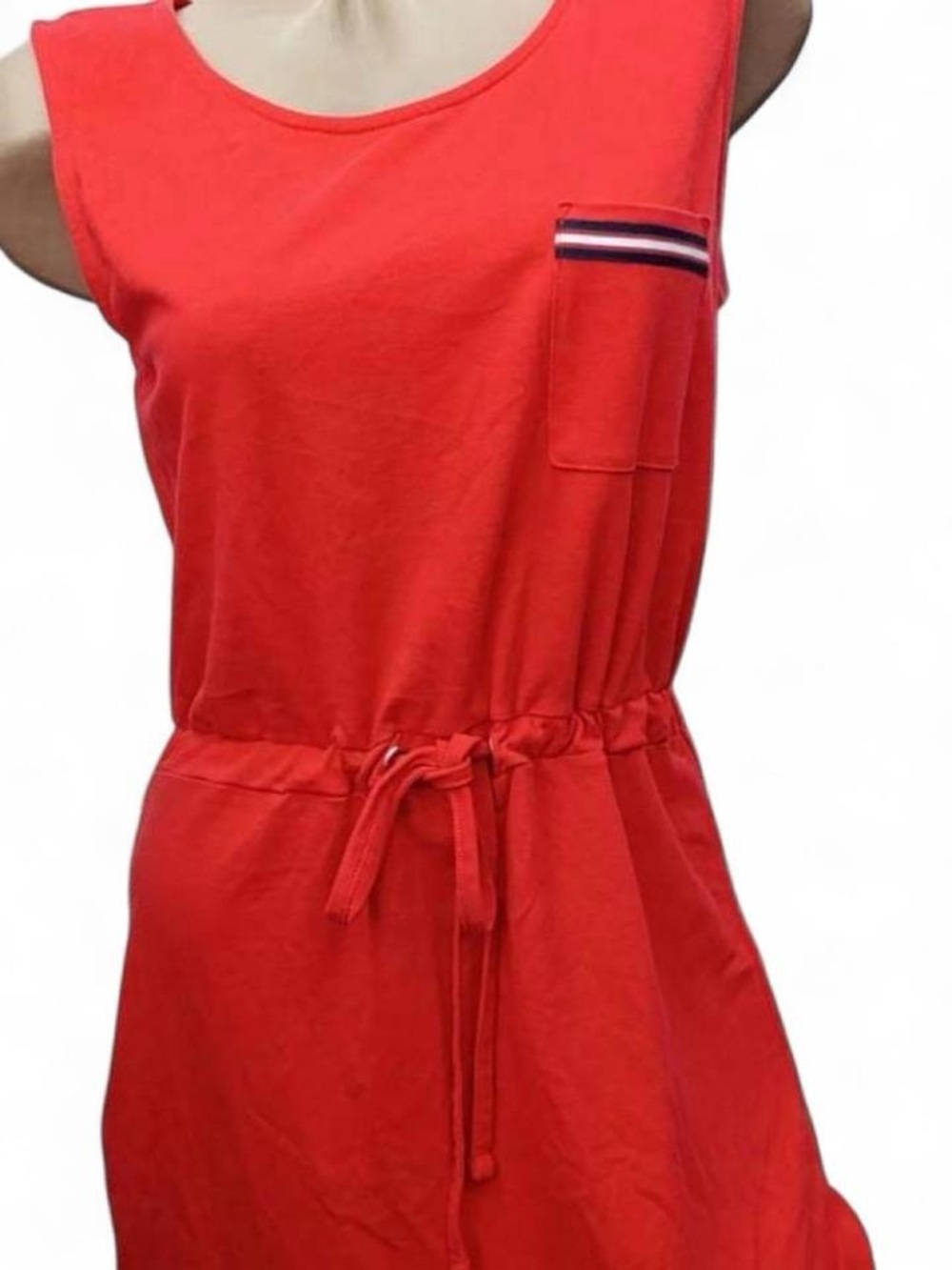 Sleeveless Red Drawstring Midi Dress with Pocket Trim